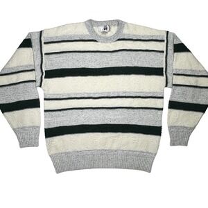 Vintage JED Stripe Sweater 80s 90s Crewneck Knit Green Gray White Retro Grunge M